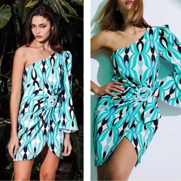 PatBO Twist One Shoulder Ruched Long Sleeve Belted Piscene Blue Mini Dress Sz 4 - Picture 2 of 10